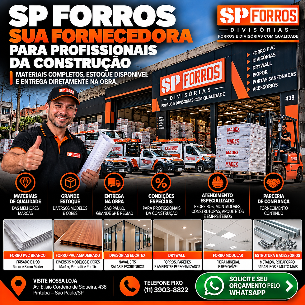 Banner institucional ilustrativo da SP Forros como fornecedora de materiais para profissionais da construção em São Paulo