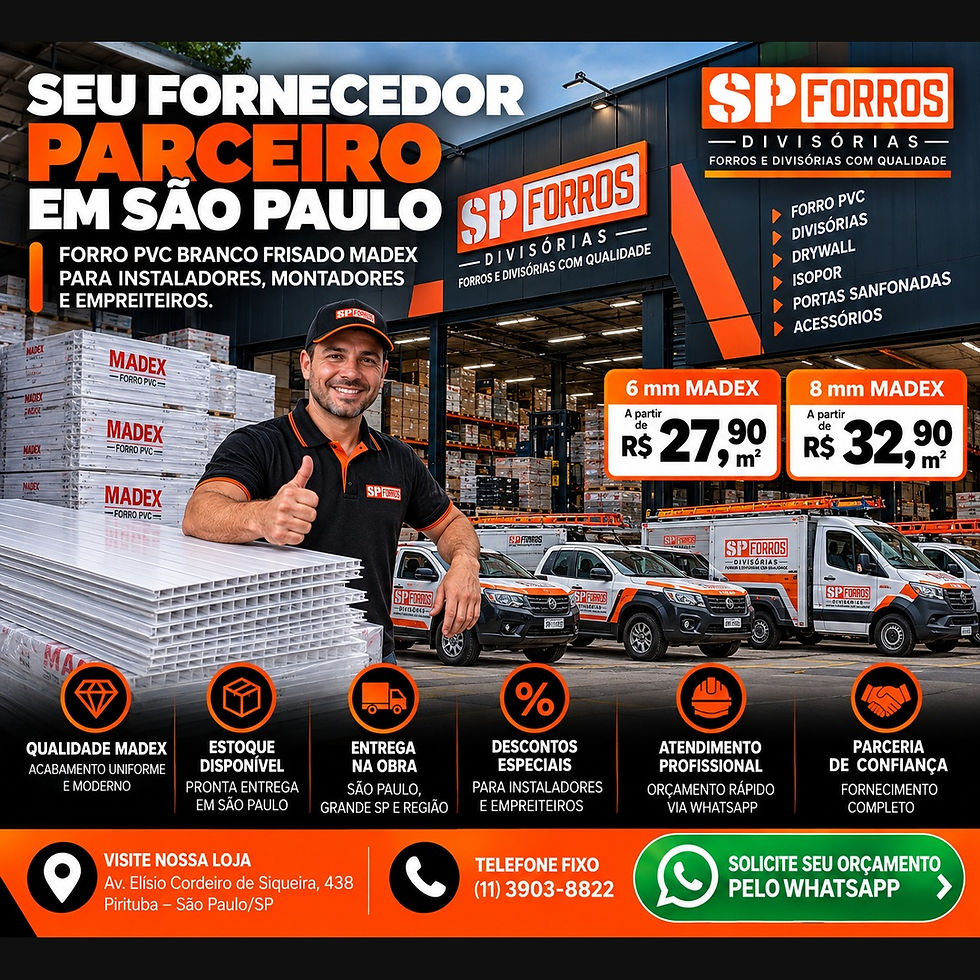 Banner institucional ilustrativo da SP Forros para instaladores com forro PVC Madex, entrega na obra e atendimento em São Paulo