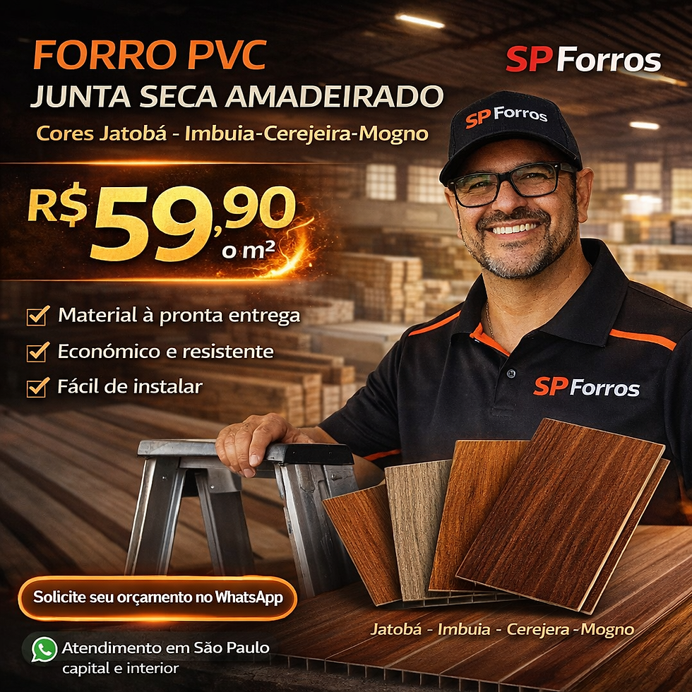 Eduardo da SP forros sorridente com boné e camisa "SP Forros" em armazém. Placas de madeira exibidas. Texto destaca preços e qualidades do forro PVC.