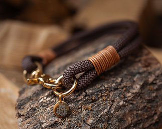 brown rope dog collar with leather whipping and brass hardware 