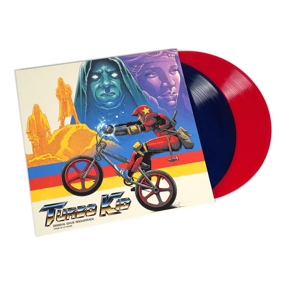 Foto da capa do vinil Turbo Kid com arte inspirada no universo pós apocalíptico do filme e trilha sonora de Le Matos