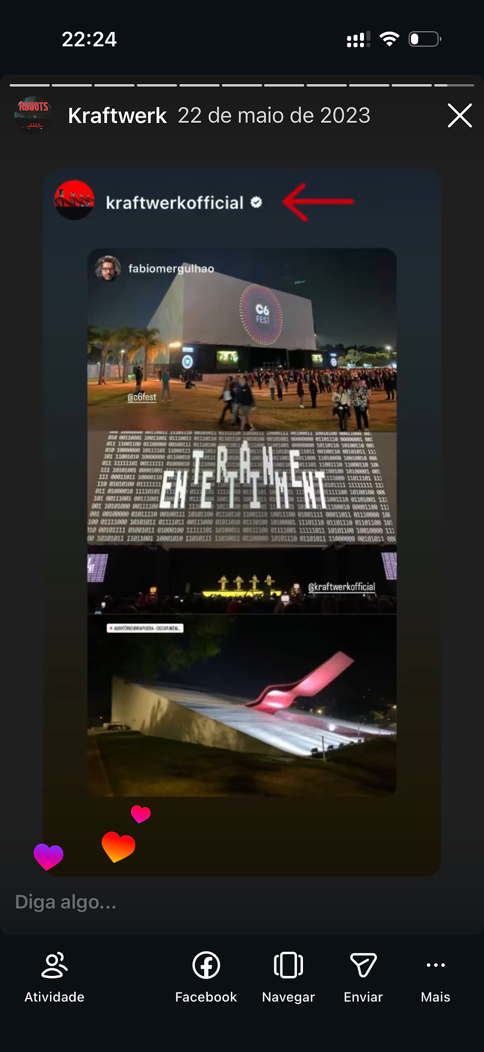 Fotografia do Kraftwerk no C6 Fest em 2023, registrada por Fabio Mergulhão e compartilhada pelo perfil oficial do Kraftwerk no Instagram.