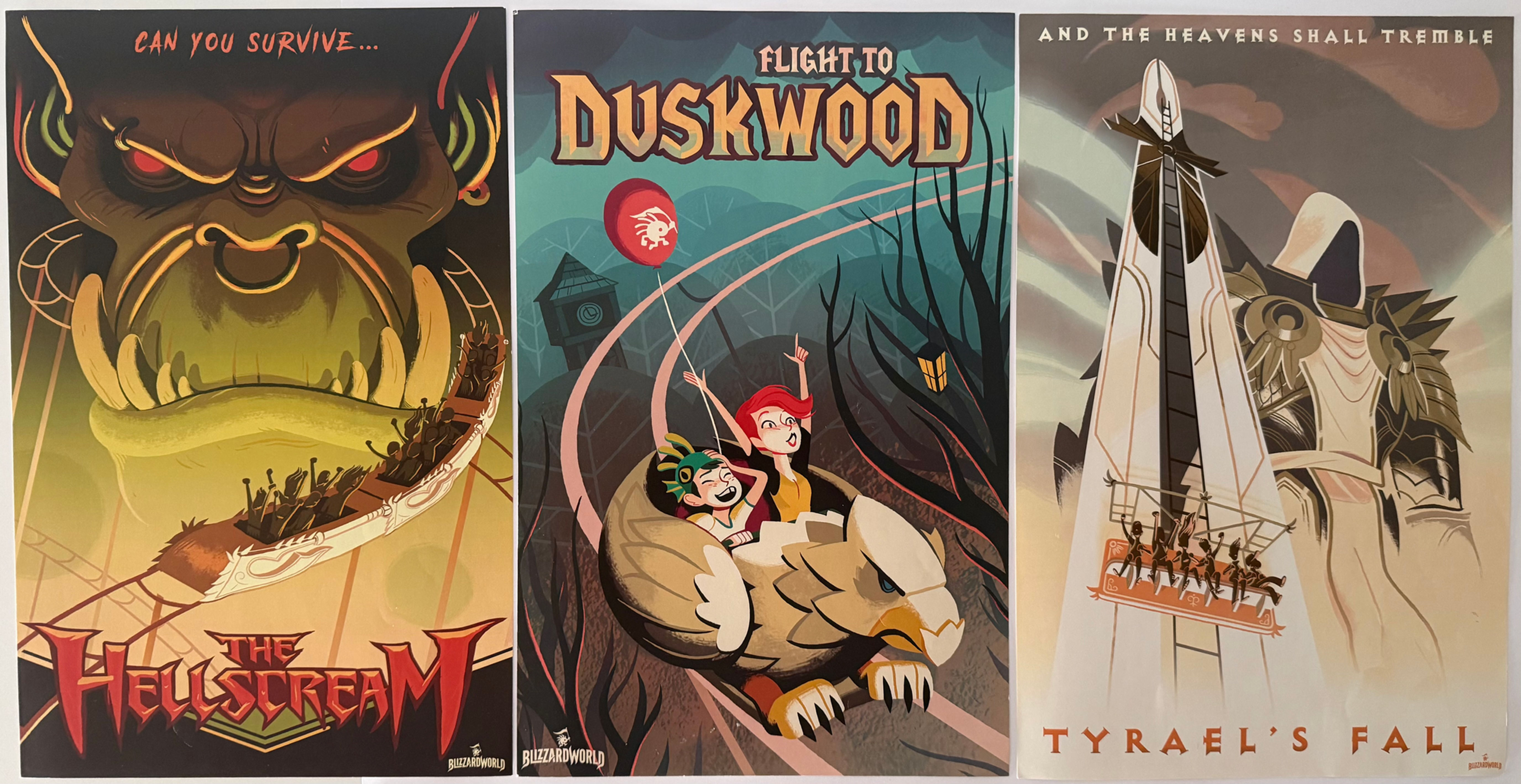 Pôsteres Flight to Duskwood, The Hellscream e Tyrael's Fall da campanha Blizzard World de Overwatch