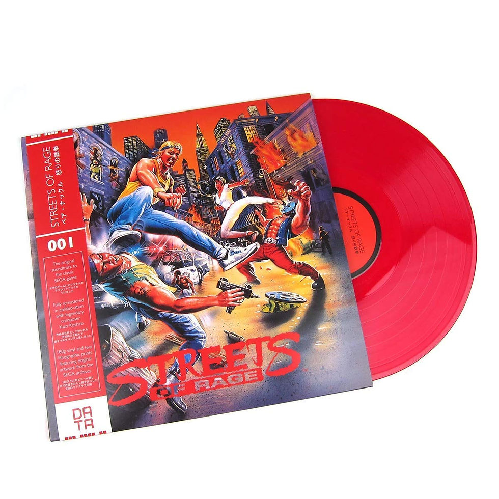 Vinil vermelho da trilha sonora de Streets of Rage parcialmente fora da capa
