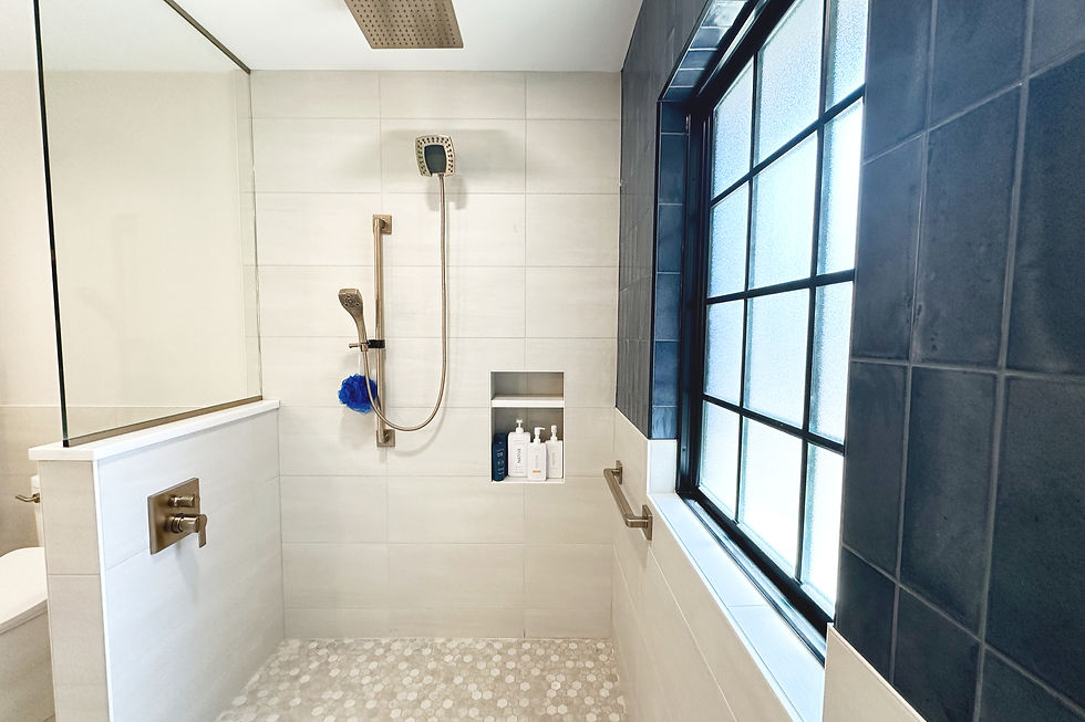 ADA designed bathroom for enough space for a wheelchair and handle bars within easy reach.