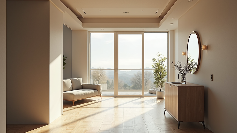 Eye-level view of a modern open floor plan with natural light