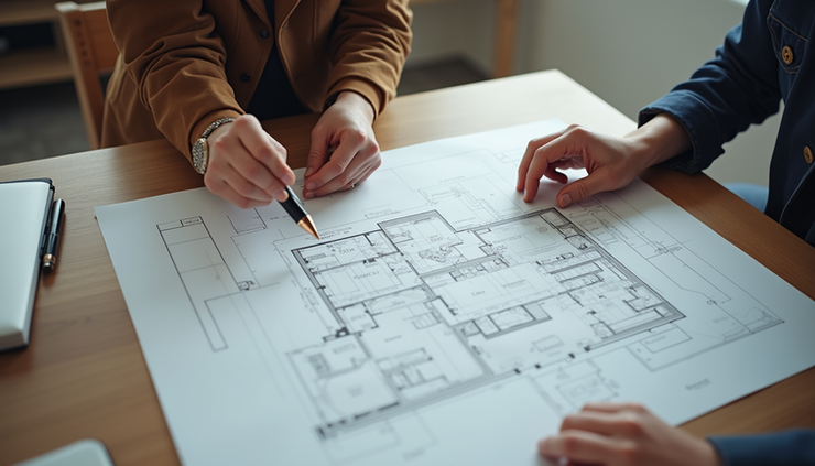 High angle view of architect and homeowner discussing floor plan