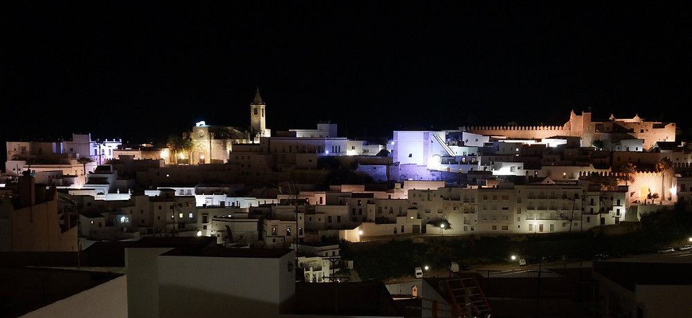 Vejer central church and castle by night from Casa Colina Blanca