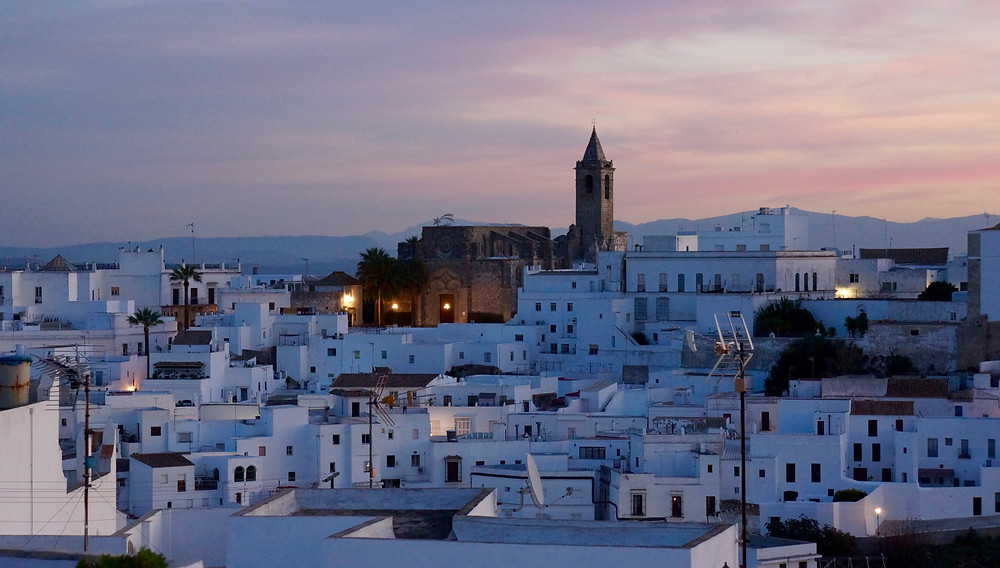 Dusk view of Vejer old town from Casa Colina Blanca