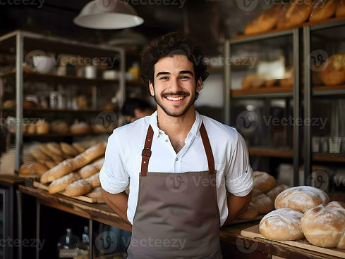 ai-generated-smiling-baker-man-standing-with-fresh-bread-at-bakery-satisfied-baker-with-br