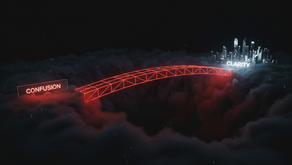 Ilustração 3D corporativa de uma ponte vermelha iluminada cruzando um abismo escuro, com as palavras Confusão e Clareza, representando a estruturação de ideias nos negócios.