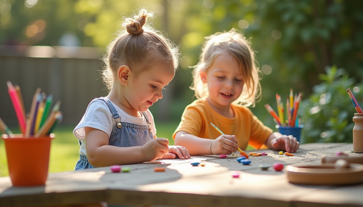 Eye-level view of a colorful outdoor sensory play area with natural materials and art supplies