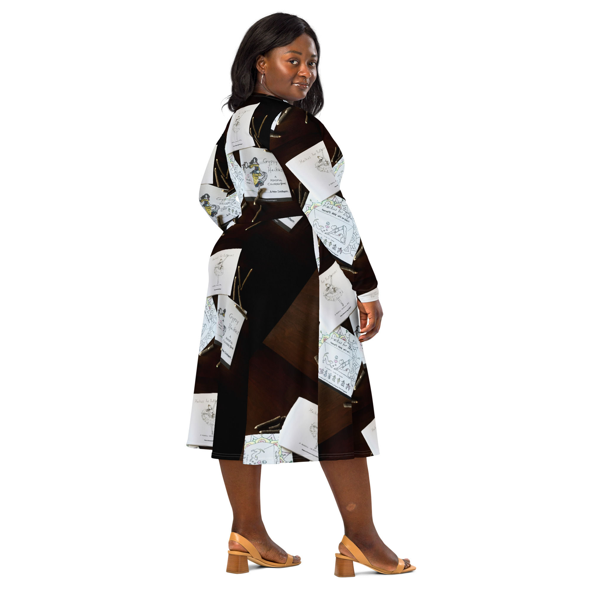 all-over print long sleeve midi dress