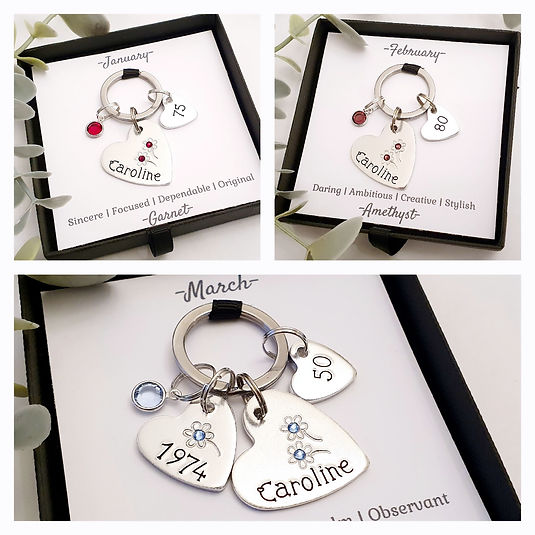 personalised birthday gifts and birthday keyrings for women handmade with birthstones