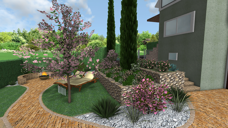 3D Gartenplanung mit Hochbeeten und Sitzkreis aus Naturstein mit Feuerschale