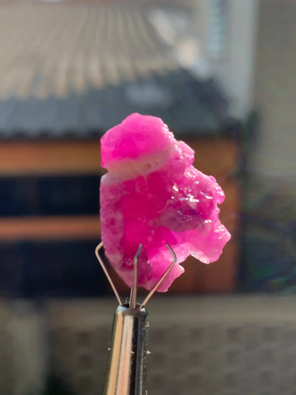 Cristal de rubis brut magenta de Jegdalek avec traces de matrice blanche, origine Afghanistan.