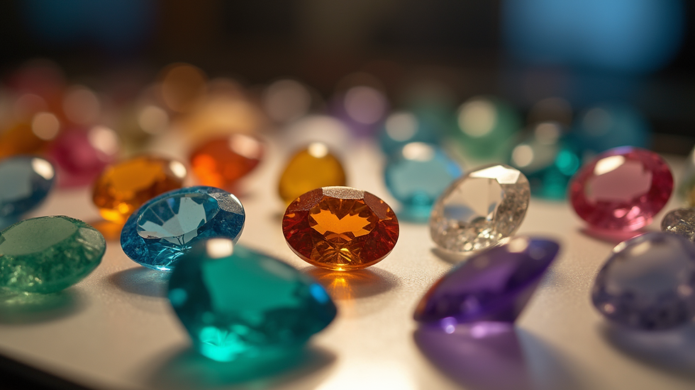 Close-up view of a variety of gemstones displayed in a showcase