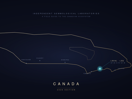 Carte stylisee du Canada situant le Laboratoire Gem Quebec a Laval parmi les principaux laboratoires gemmologiques canadiens, edition 2026