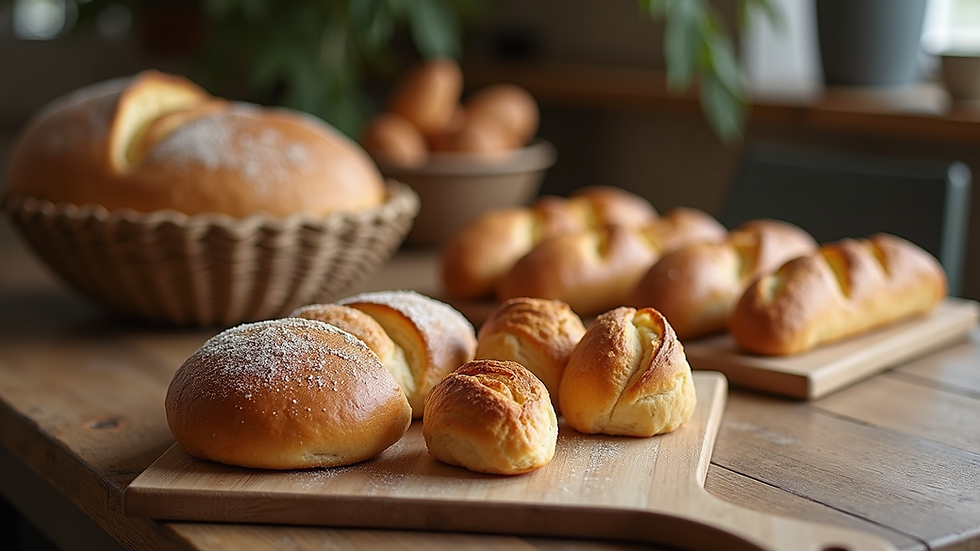 Eye-level view of a beautifully arranged table with artisanal bread and pastries