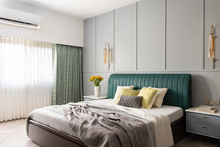 Grey and bottle green bedroom bed king size natural light