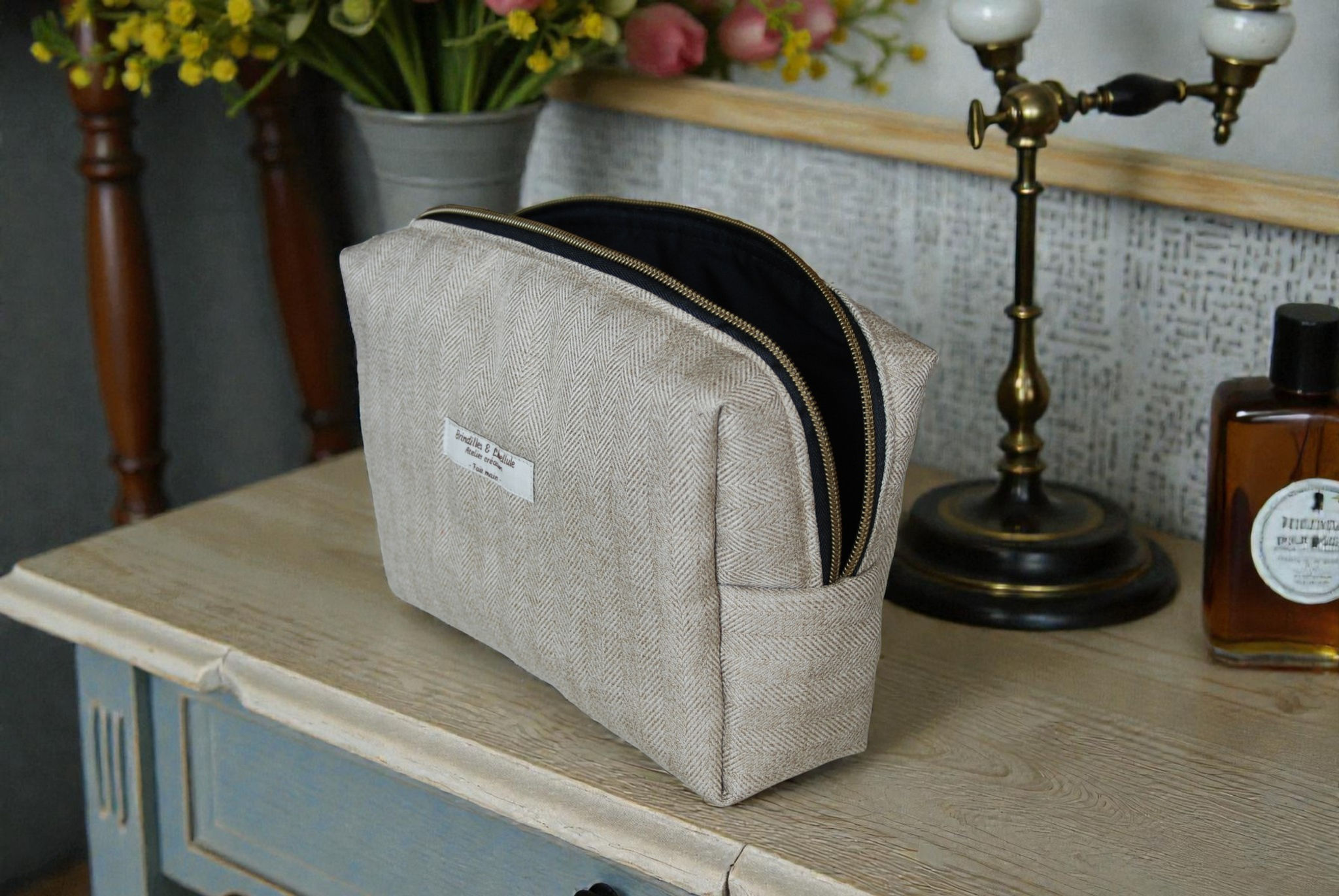 Trousse de Toilette - Chevron Beige Lin