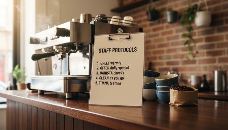 Eye-level view of a laminated staff guidance sheet on a small café counter.