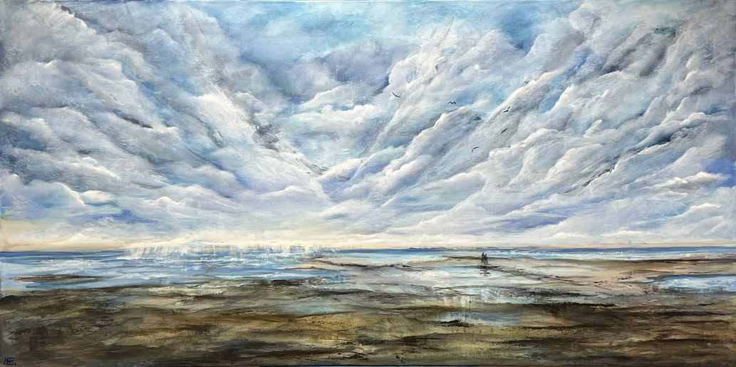 Low tide at sea, Wadden Sea, mudflats, landscape, expressive, abstract, Alla Prima, oil painting, acrylic painting