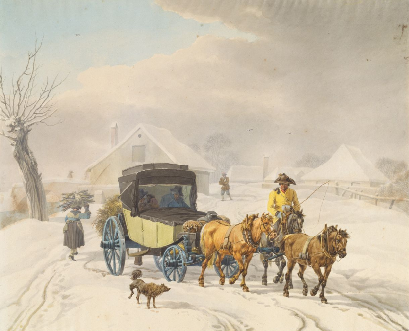 Postkutsche im Winter (ca. 1798) zeigt brauner Großspitz