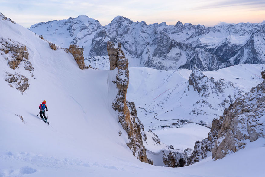 Freeride skiing Canale Joel Dolomites steep couloir off piste
