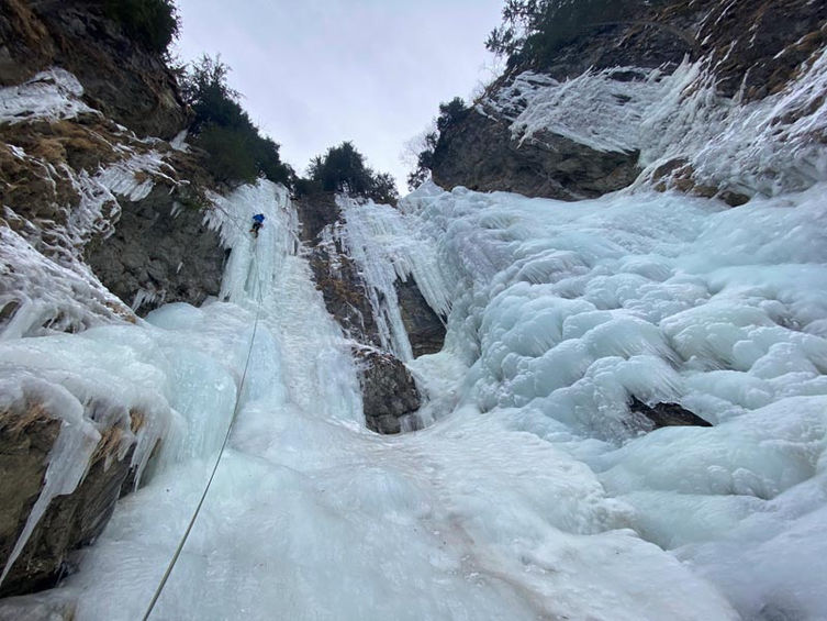 Icefall route Dolomites multi pitch ice climbing frozen waterfall