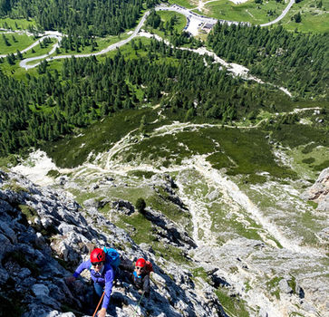 View over Passo Falzarego from Torre Piccola del Falzarego climb