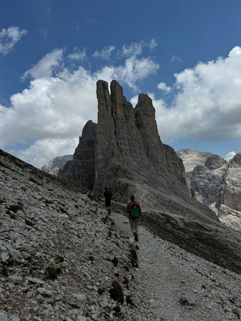 Approach hike toward the Vajolet Towers in the Rosengarten Dolomites