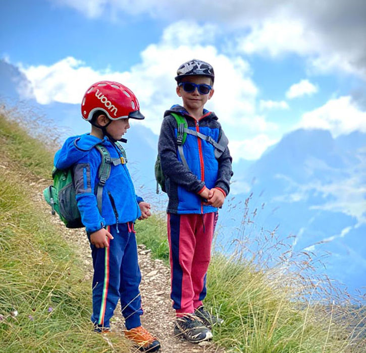 Kids on Via Ferrata Col Rodella in the Dolomites