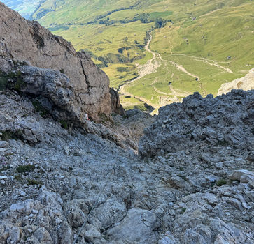 Rocky climbing section on Via Ferrata Maximilian above Alpe di Siusi