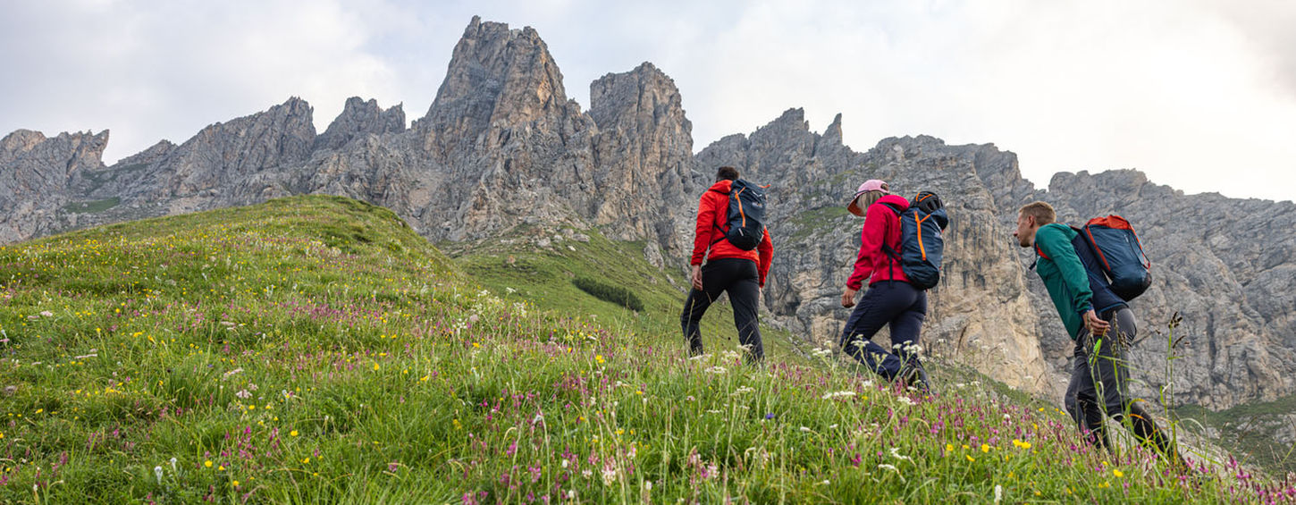 Hikers approaching via ferrata route through alpine meadow in the Dolomites with mountain peaks