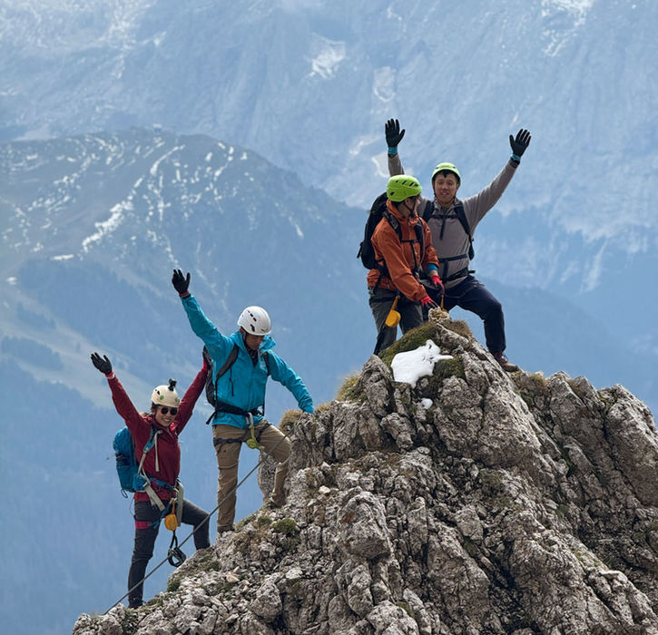 Climbers on summit ridge of Via Ferrata Furcela de Saslonch