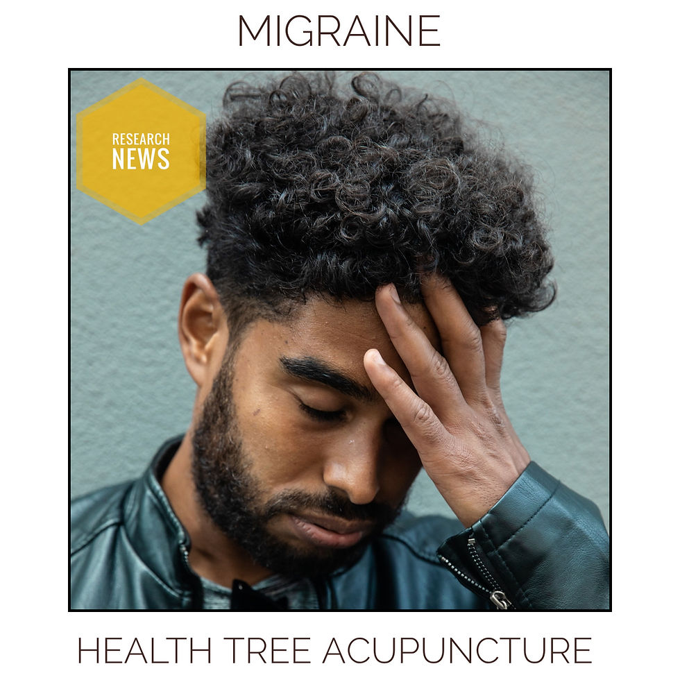 Man with hand on forehead in distress against a gray background. Text: Migraine, Research News, Health Tree Acupuncture.
