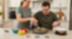 A staff member helping prepare a meal of a special needs resident