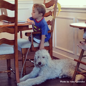 At home, Luke focuses on a math assignment while Snoopy rests patiently alongside.