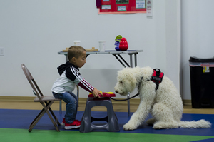 Luke shows Snoopy a toy while making certain the young dog remains in a sit position.