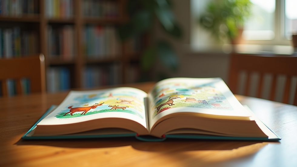 Eye-level view of a colorful children’s book open on a wooden table
