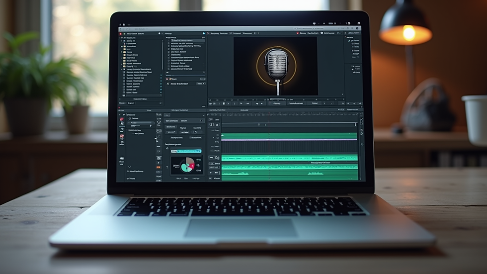 Eye-level view of a laptop screen showing podcast editing software