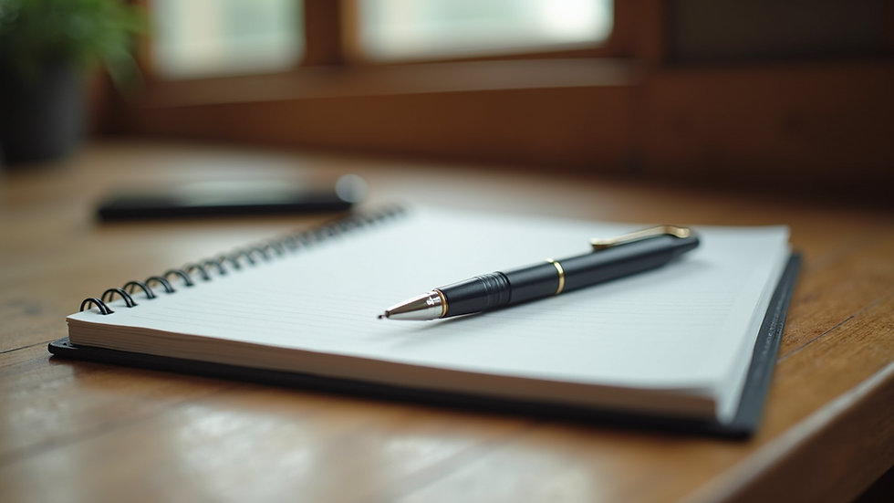 Close-up view of a notebook and pen on a wooden table