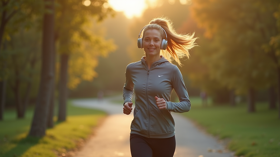 Eye-level view of a person listening to a podcast on headphones while jogging in a park