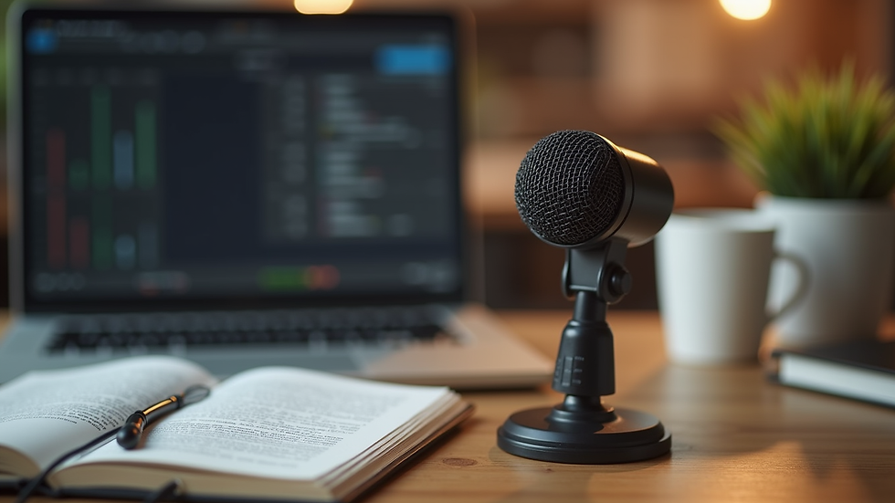 Close-up view of a microphone and a book on a desk ready for an online talk