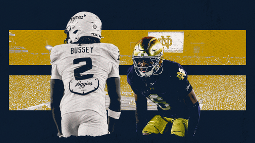 Two football players face off, one in a white Aggies uniform and one in a dark uniform with gold helmet. Stadium background. Text: "Bussey, Aggies."