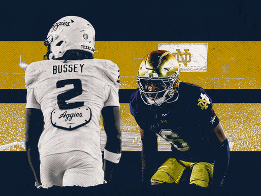 Two football players face off, one in a white Aggies uniform and one in a dark uniform with gold helmet. Stadium background. Text: "Bussey, Aggies."