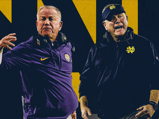 Two coaches with headsets gesture animatedly. One wears a purple shirt, the other navy with "ND" logo. Yellow and navy background.