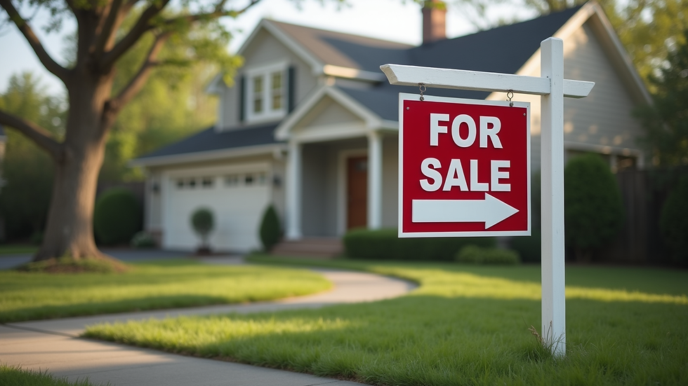 Eye-level view of a residential property with a "For Sale" sign
