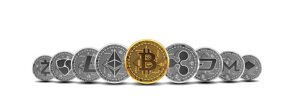 An image of popular cryptocurrency coins including Bitcoin, Ethereum, Ripple, Litecoin, Dogecoin, ZCash and Monero